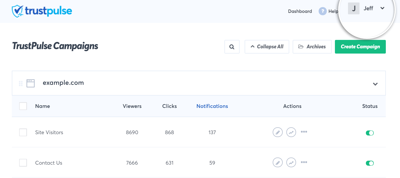 trustpulse-user-icon - TrustPulse Clicking on user icon to open menu