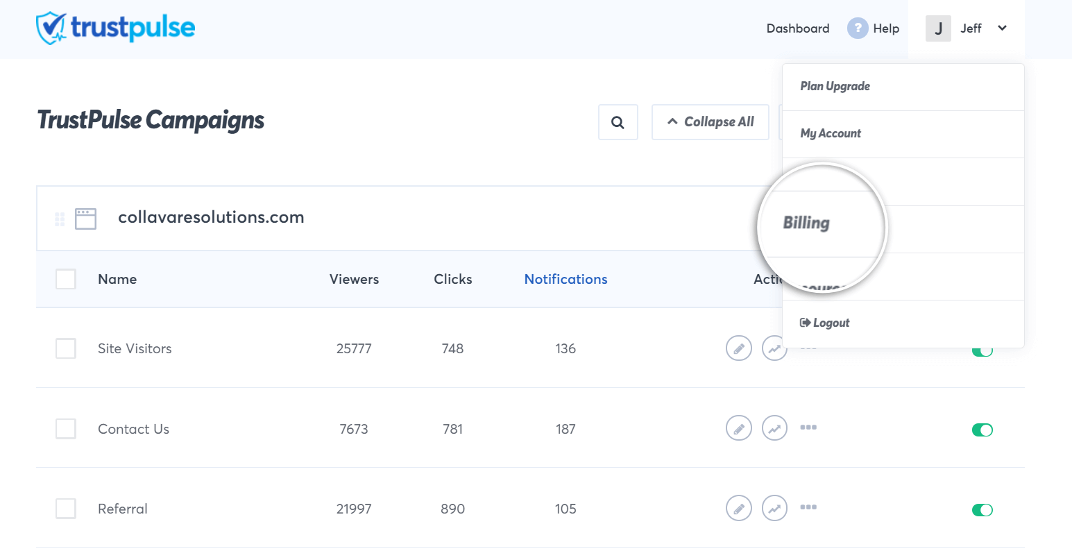 trust-pulse-billing-option-in-dropdown - TrustPulse Click on the user icon and click on Billing